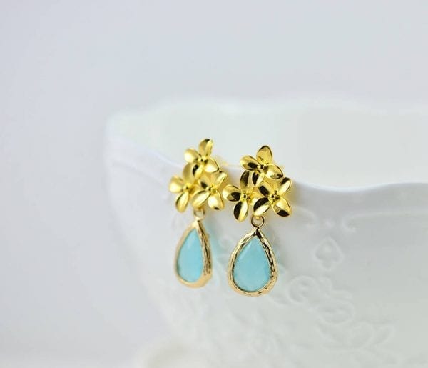 Gold Flower Turquoise Drop Earrings - Glass, Modern, Bridesmaids 54