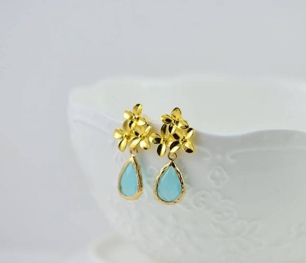 Gold Flower Turquoise Drop Earrings - Glass, Modern, Bridesmaids 55