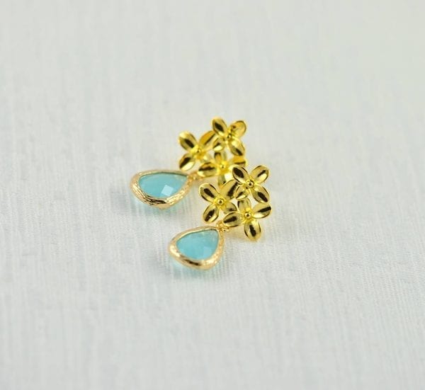 Gold Flower Turquoise Drop Earrings - Glass, Modern, Bridesmaids 56