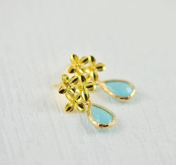 Gold Flower Turquoise Drop Earrings - Glass, Modern, Bridesmaids 7