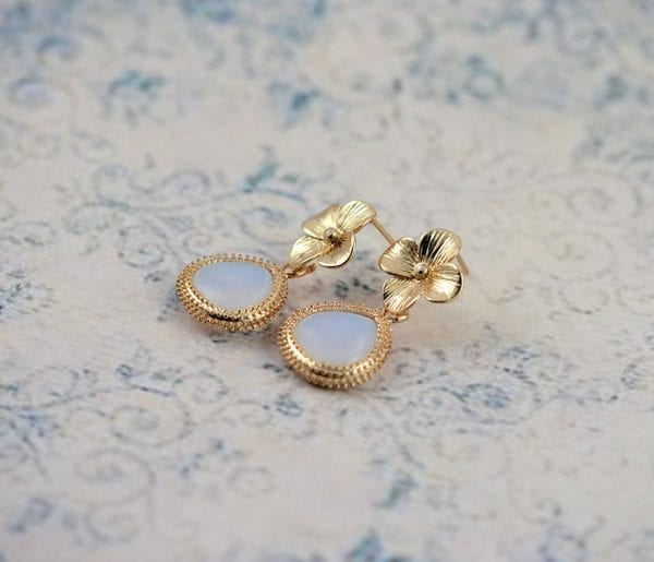 Gold Flower White Opal Earrings