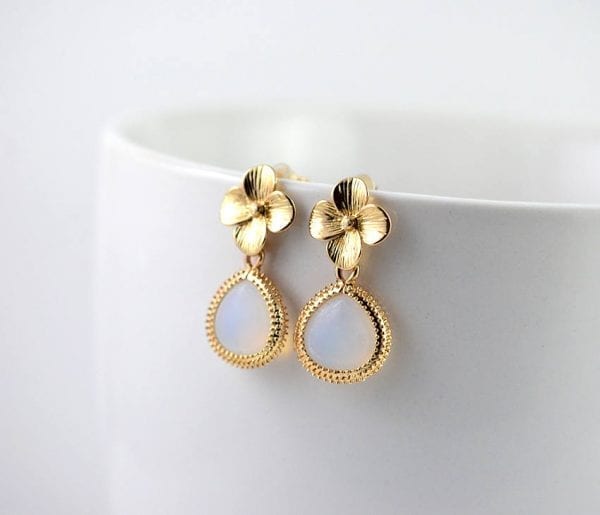 Gold Flower White Opal Earrings - Floral, Bridesmaids