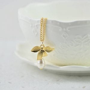 Gold Leaf Swarovski Drop Pearl Necklace - White, Teardrop, Simple, Bridesmaids 52