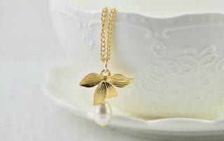 Gold Leaf Swarovski Drop Pearl Necklace - White, Teardrop, Simple, Bridesmaids 18