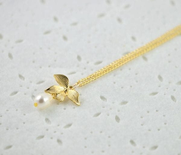 Gold Leaf Swarovski Drop Pearl Necklace - White, Teardrop, Simple, Bridesmaids 53
