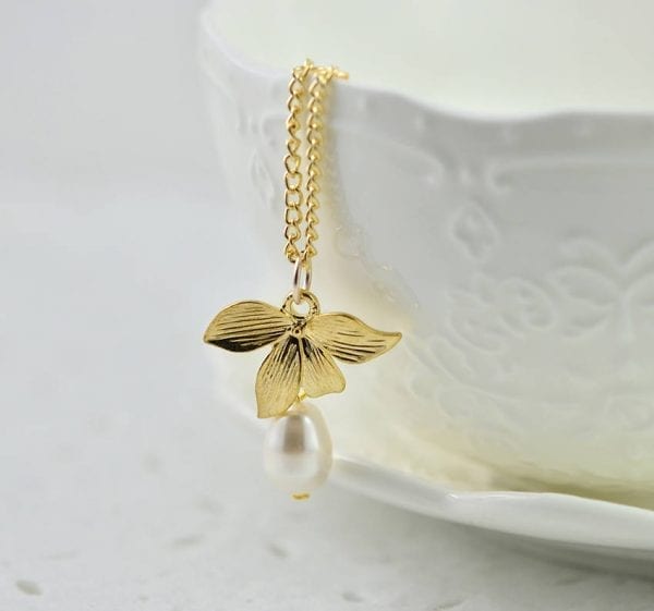 Gold Leaf Swarovski Drop Pearl Necklace - White, Teardrop, Simple, Bridesmaids 54