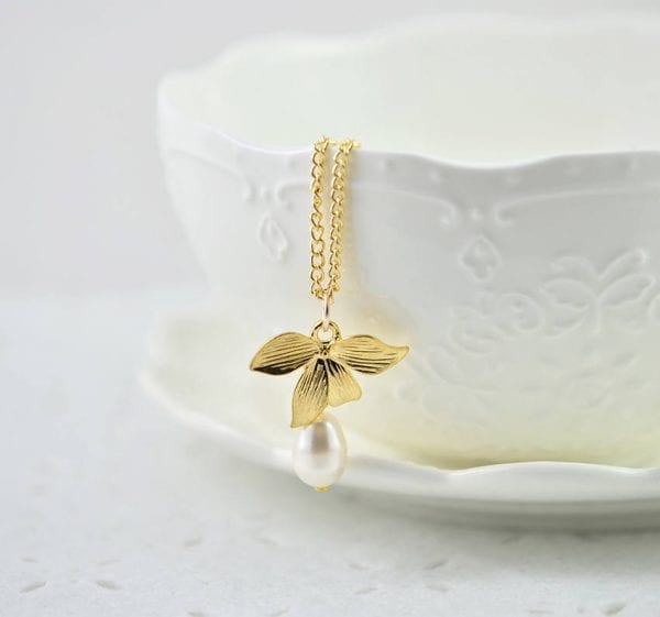 Gold Leaf Swarovski Drop Pearl Necklace - White, Teardrop, Simple, Bridesmaids 55