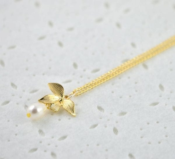 Gold Leaf Swarovski Drop Pearl Necklace - White, Teardrop, Simple, Bridesmaids 56