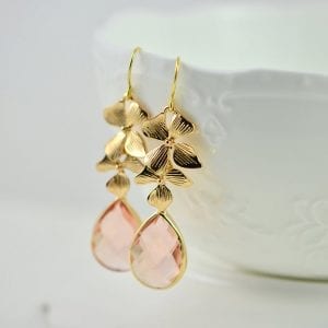 Gold Peach Floral Bridal Earrings - Cubic Zirconia, Drop, Bridesmaids, Wedding 23
