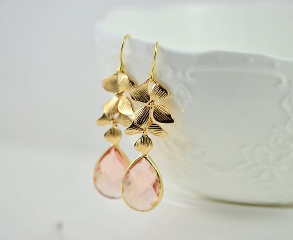 Gold Peach Floral Bridal Earrings - Cubic Zirconia, Drop, Bridesmaids, Wedding 1