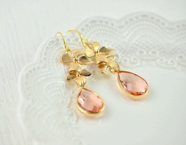 Gold Peach Floral Bridal Earrings - Cubic Zirconia, Drop, Bridesmaids, Wedding 53