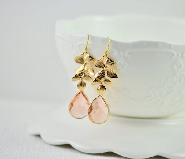 Gold Peach Floral Bridal Earrings - Cubic Zirconia, Drop, Bridesmaids, Wedding 5