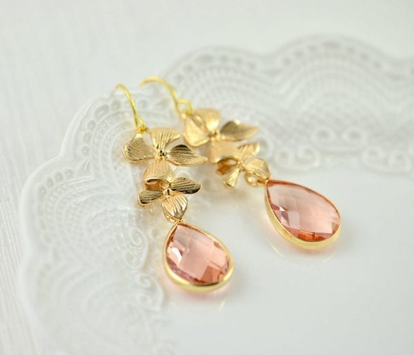 Gold Peach Floral Bridal Earrings - Cubic Zirconia, Drop, Bridesmaids, Wedding 56