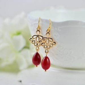 Gold Red Teardrop Earrings - Simple Filigree, Bridesmaids, Gift Earrings 2