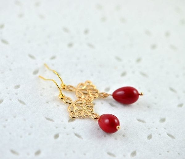 Gold Red Teardrop Earrings - Simple Filigree, Bridesmaids, Gift Earrings 2