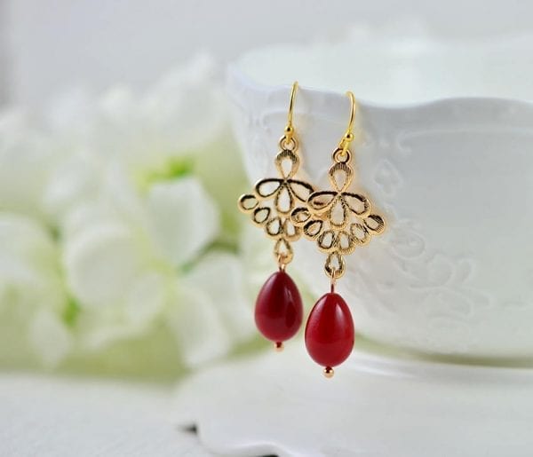 Gold Red Teardrop Earrings - Simple Filigree, Bridesmaids, Gift Earrings 54