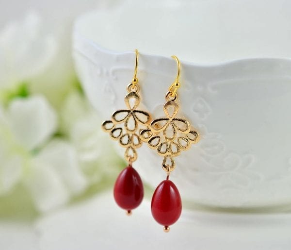 Gold Red Teardrop Earrings - Simple Filigree, Bridesmaids, Gift Earrings 5