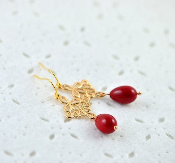 Gold Red Teardrop Earrings - Simple Filigree, Bridesmaids, Gift Earrings 56