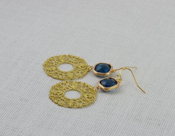 Gold Sapphire Earrings - Bridesmaids, Long Dangle, Filigree