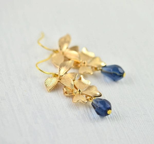 Sapphire Floral Cascading Earrings - Bridesmaids, Drop, Gold Plated 51