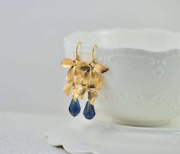 Sapphire Floral Cascading Earrings - Bridesmaids, Drop, Gold Plated 52