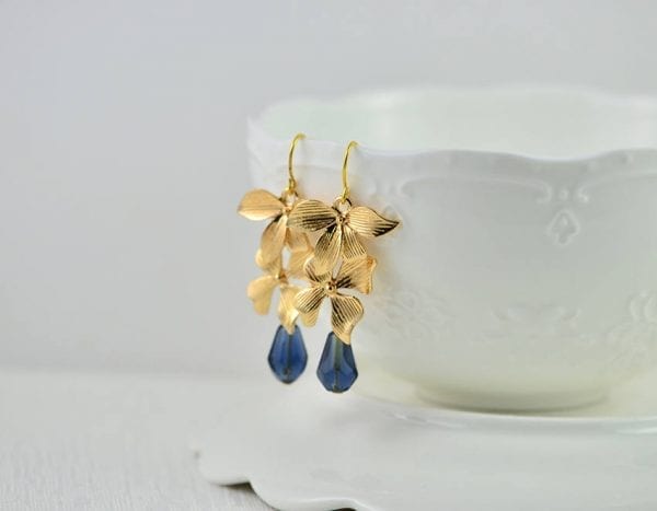 Sapphire Floral Cascading Earrings - Bridesmaids, Drop, Gold Plated 53
