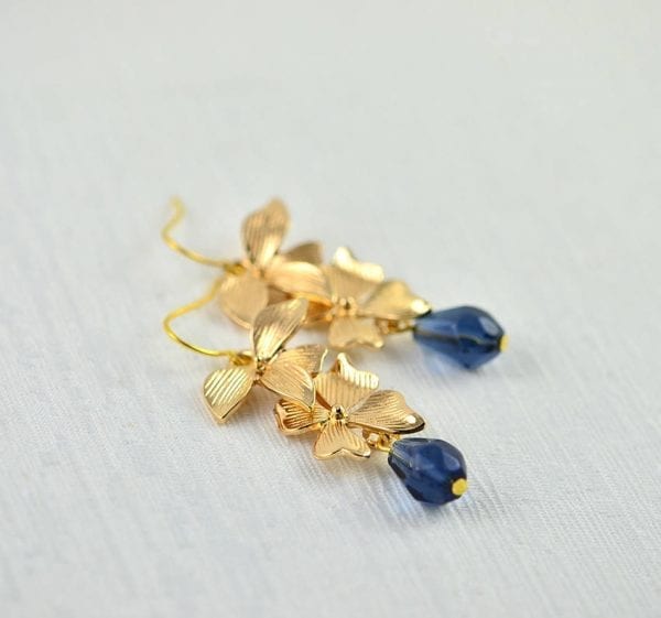 Sapphire Floral Cascading Earrings - Bridesmaids, Drop, Gold Plated 54