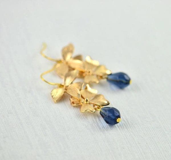 Sapphire Floral Cascading Earrings - Bridesmaids, Drop, Gold Plated 55