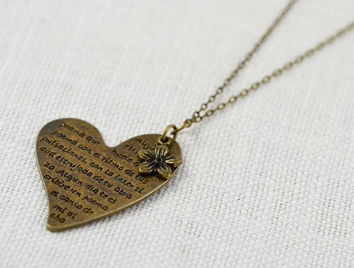 Bronze Key Heart Necklace - Charm Pendant, Bronze, Simple 15