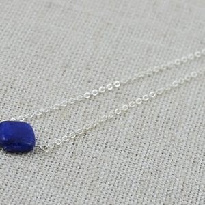 Lapis Lazuli Dainty Necklace - Gemstone, Silver Dainty Square Pendant Necklace 59