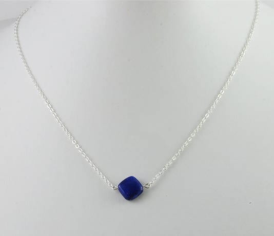 Lapis Lazuli Dainty Necklace - Gemstone, Silver Dainty Square Pendant Necklace 3