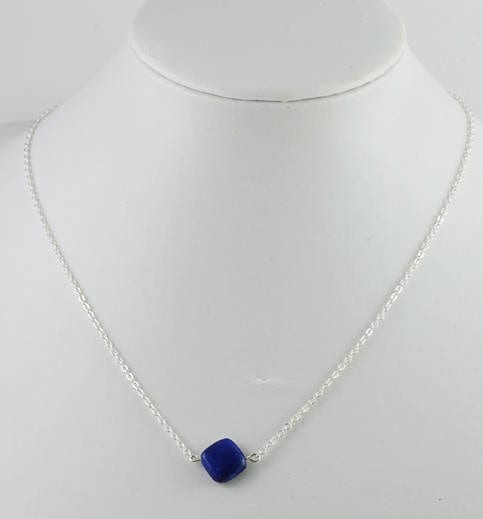 Lapis Lazuli Dainty Necklace - Gemstone, Silver Dainty Square Pendant Necklace 55