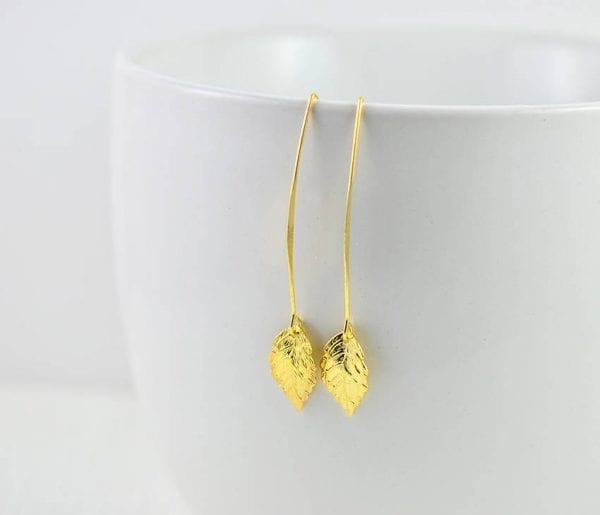 Leaf Drop Gold Earrings - Bridesmaids Earrings, Gold Leaf Simple light Weight Long Dangle Everyday Earrings, Gold Jewellery, Drop Earrings 53