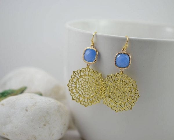 Light Blue Gold Earrings - Bridesmaids, Filigree, Dangle