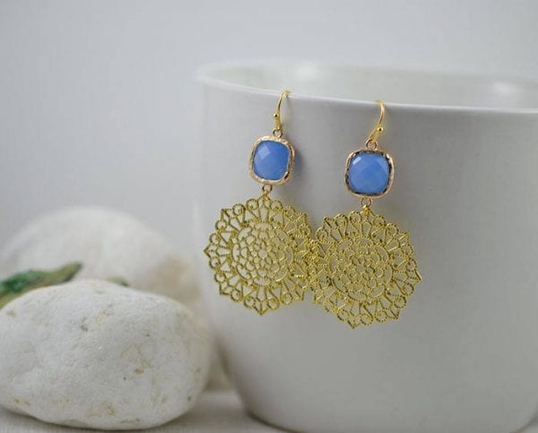 Light Blue Gold Earrings - Bridesmaids, Filigree, Dangle 1