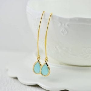 Long Turquoise Drop Dainty Earrings - Bridesmaids, Teardrop, Dainty - 24K GoldPlatedHook 2