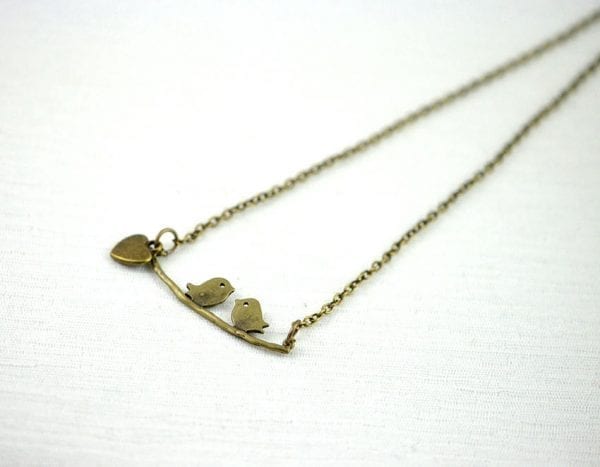 Love Bird Bronze Pendant Necklace - Heart Charm Necklace 52