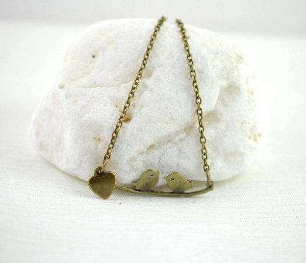 Love Bird Bronze Pendant Necklace - Heart Charm Necklace 54