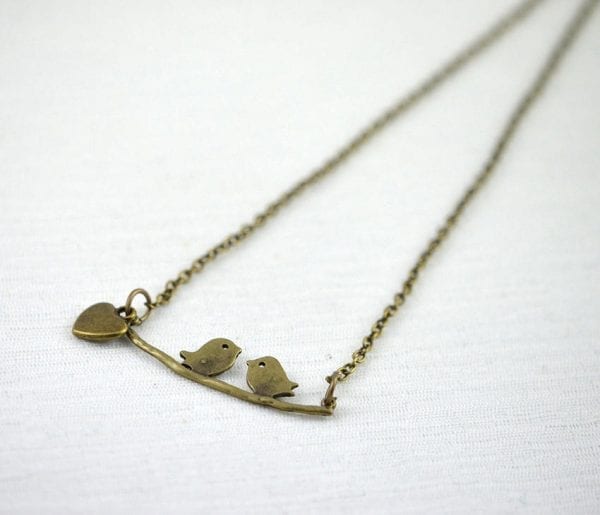 Love Bird Bronze Pendant Necklace - Heart Charm Necklace 55