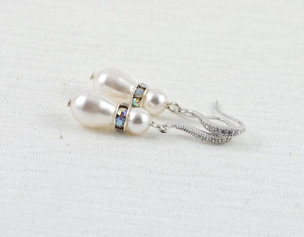 Silver Pearl Bridal Swarovski Earrings - Teardrop, Cubic Zirconia, Wedding, Rose Gold 55