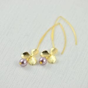 Purple Flower Drop Pearl Earrings - Light Gold, Bridesmaids, Dangle 33