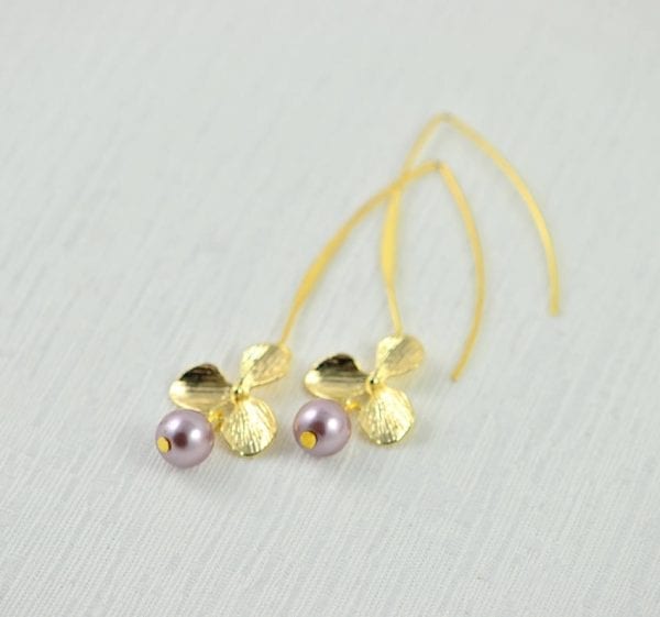 Purple Flower Drop Pearl Earrings - Light Gold, Bridesmaids, Dangle 51