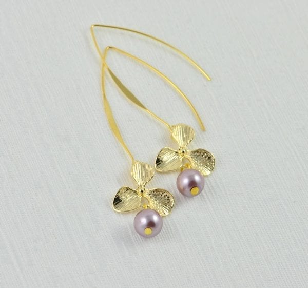 Purple Flower Drop Pearl Earrings - Light Gold, Bridesmaids, Dangle 52