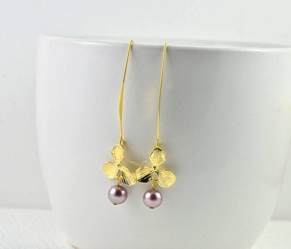 Purple Flower Drop Pearl Earrings - Light Gold, Bridesmaids, Dangle 53