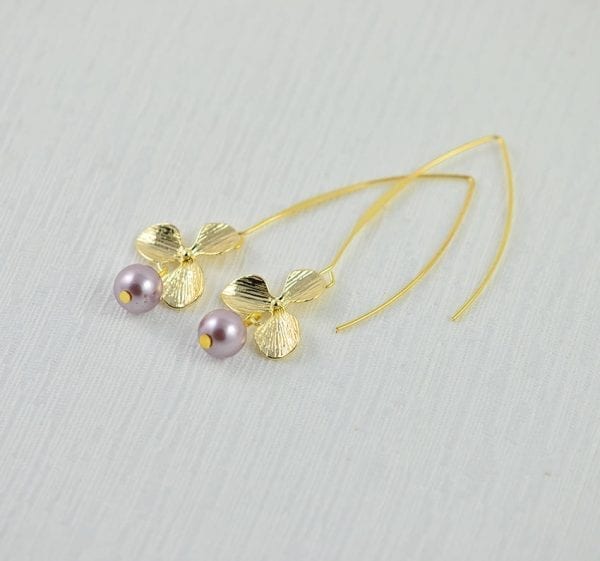 Purple Flower Drop Pearl Earrings - Light Gold, Bridesmaids, Dangle 54