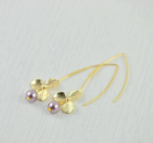 Purple Flower Drop Pearl Earrings - Light Gold, Bridesmaids, Dangle 55
