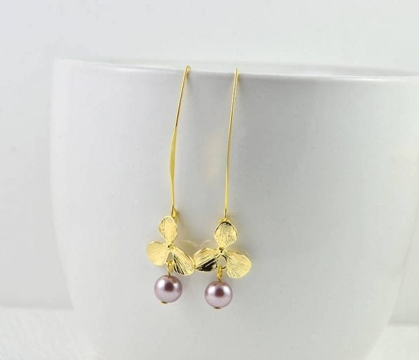 Purple Flower Drop Pearl Earrings - Light Gold, Bridesmaids, Dangle 56
