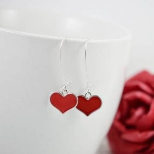 Red Heart Silver Everyday Earrings - Bridesmaids, long, Love hearts 5