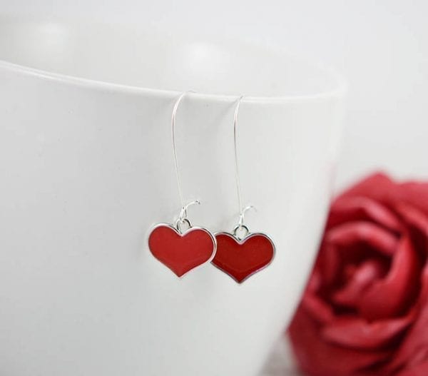 Red Heart Silver Everyday Earrings - Bridesmaids, long, Love hearts 51