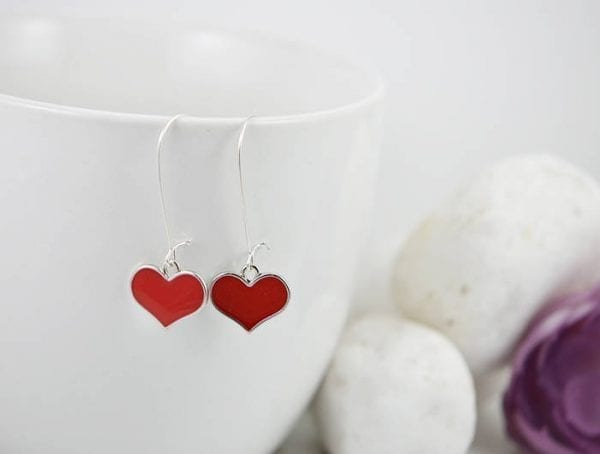 Red Heart Silver Everyday Earrings - Bridesmaids, long, Love hearts 53
